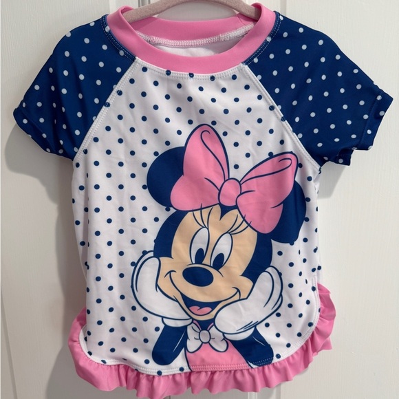 NWOT Disney Minnie Mouse 3T Girls White Blue Pink Polka Dot Swim Rashguard Shirt - Picture 1 of 4